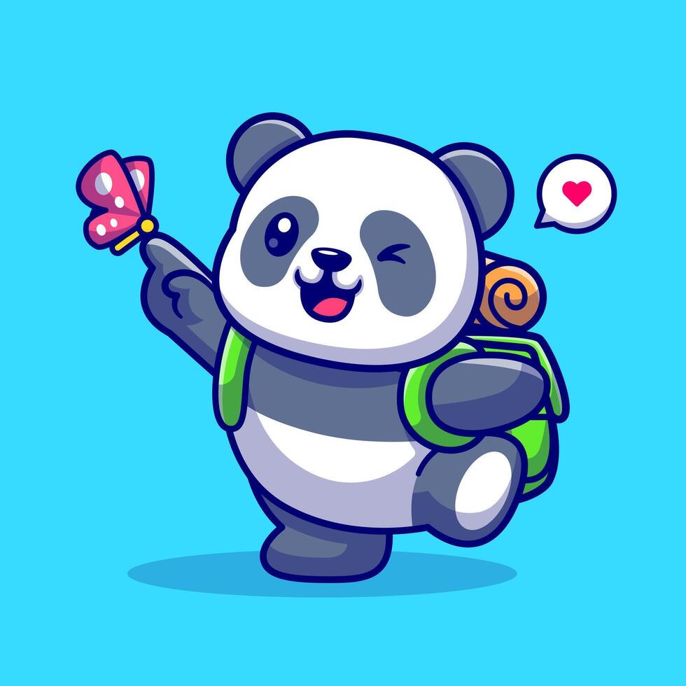 Cute Panda Backpacker Playing With Butterfly Cartoon Vector Icon Illustration. Animal Nature Icon Concept Isolated Premium Vector. Flat Cartoon Style