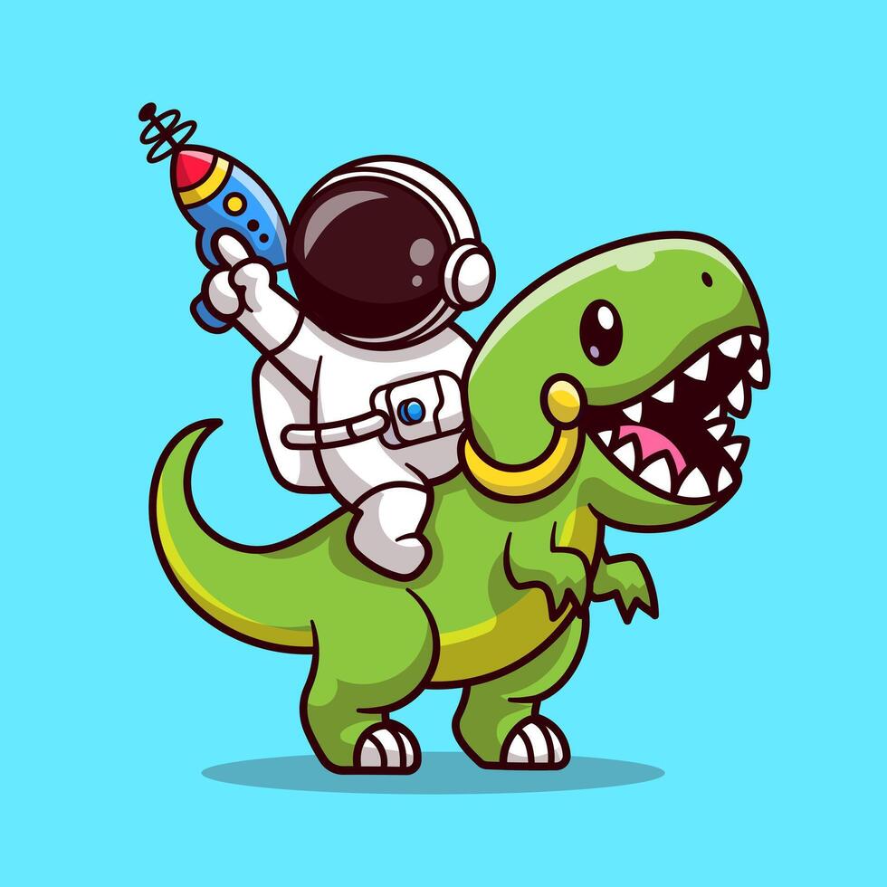 linda astronauta montando dinosaurio con pistola dibujos animados vector icono ilustración. Ciencias animal icono concepto aislado prima vector. plano dibujos animados estilo