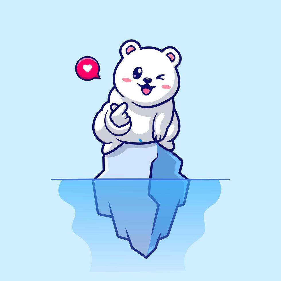 Cute Polar Bear With Love Sign On Ice Cartoon Vector Icon Illustration. Animal Nature Icon Concept Isolated Premium Vector. Flat Cartoon Style