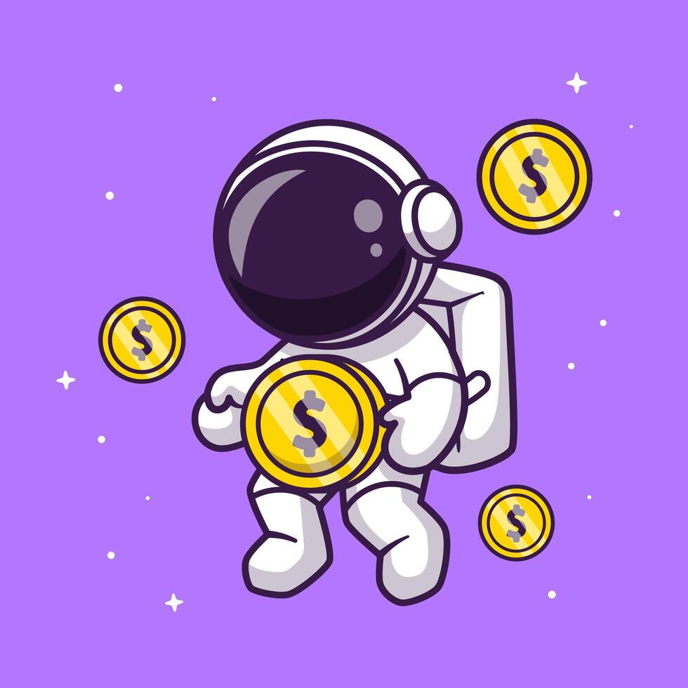 linda astronauta flotante con oro moneda dibujos animados vector icono ilustración. Ciencias Finanzas icono concepto aislado prima vector. plano dibujos animados estilo