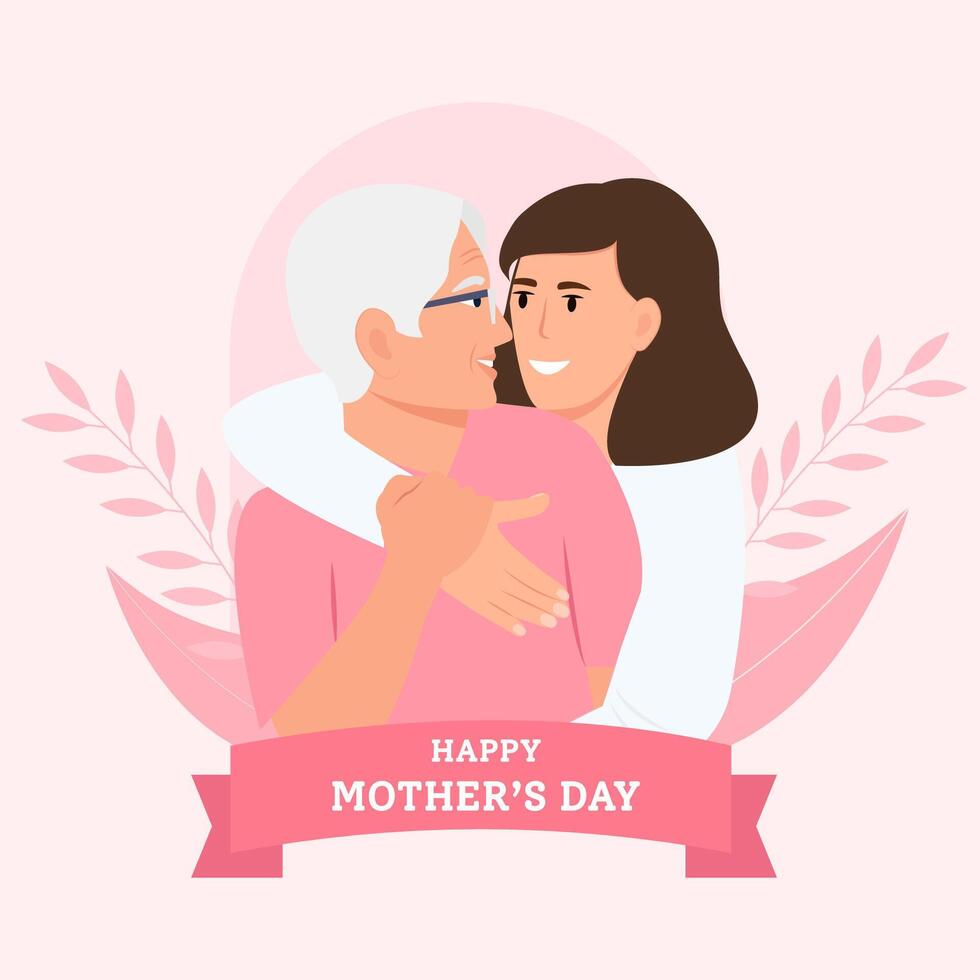 Happy woman embracing old mother. vector