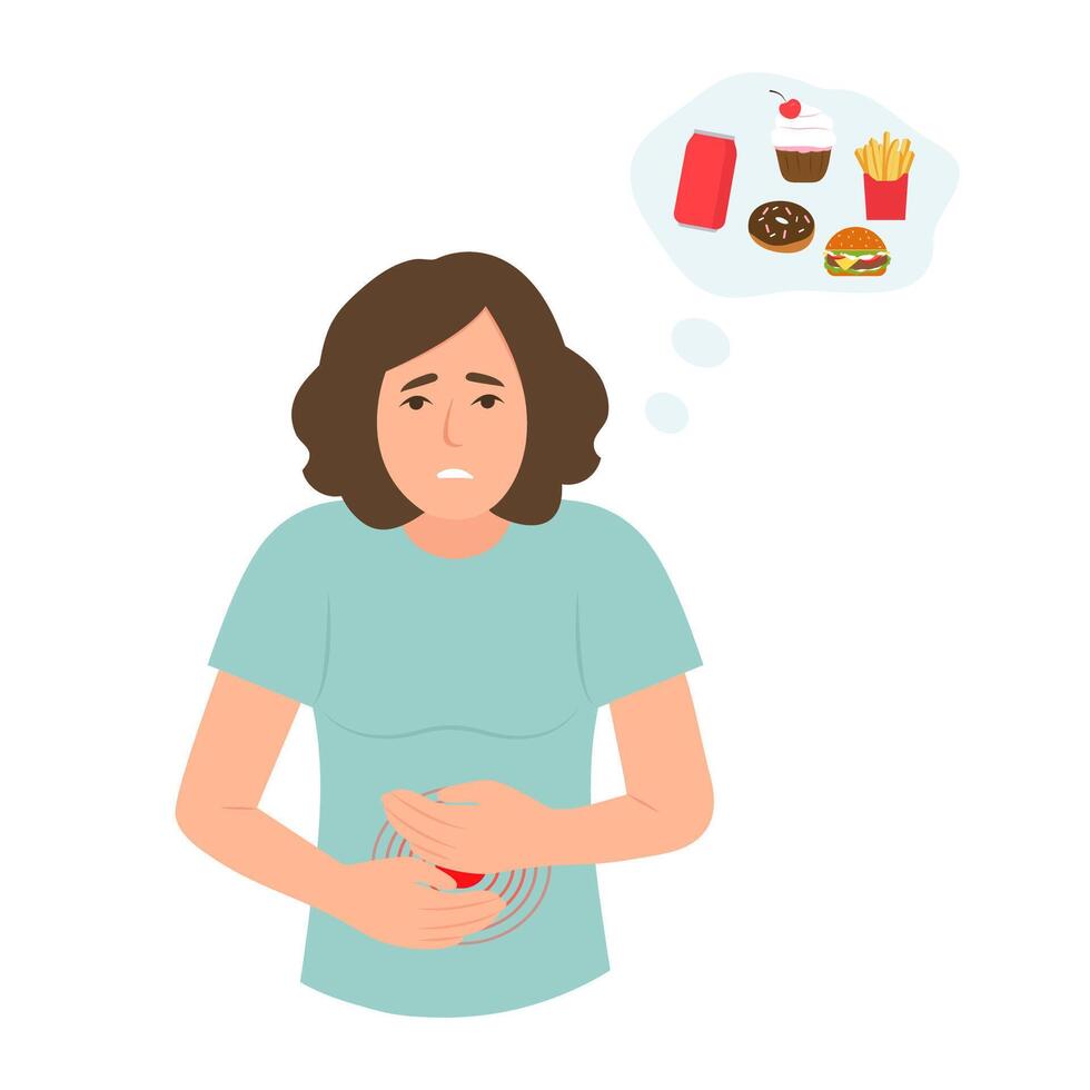 Woman having a stomachache after eating fast food and sweets. Overeating. Abdominal pain,food poisoning, diarrhea. Vector illustration.