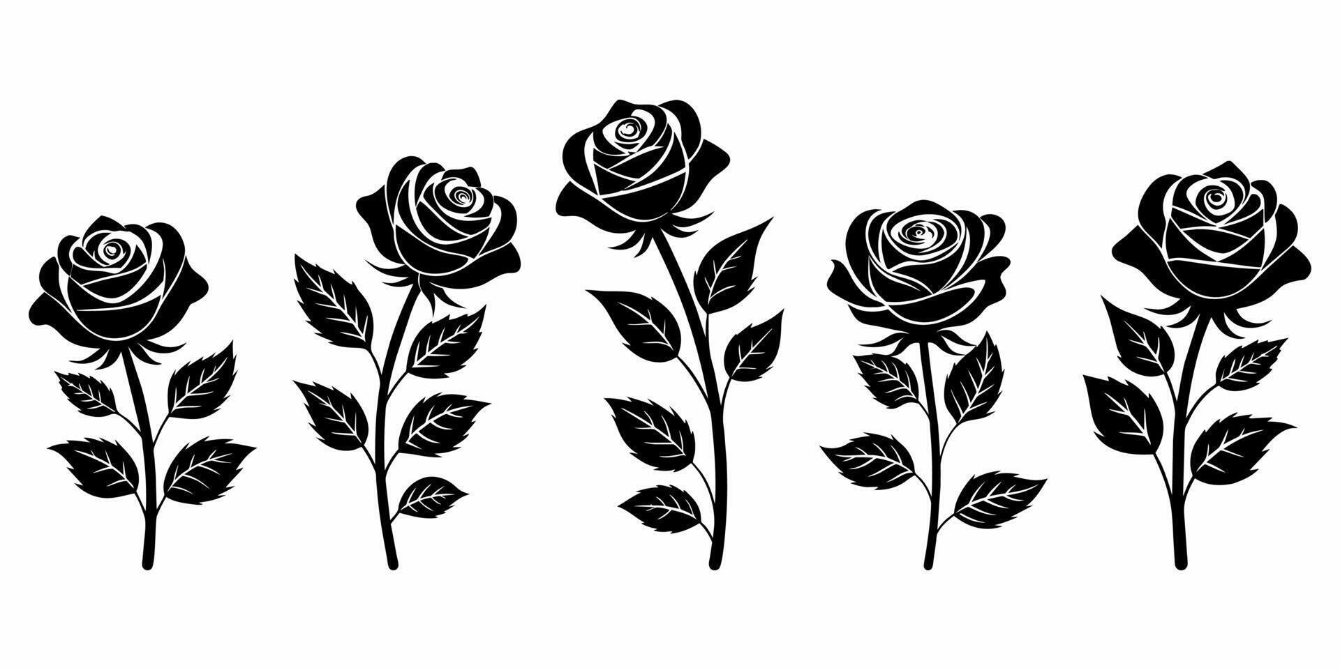 5 set of decorative roses with leaves silhouette vector