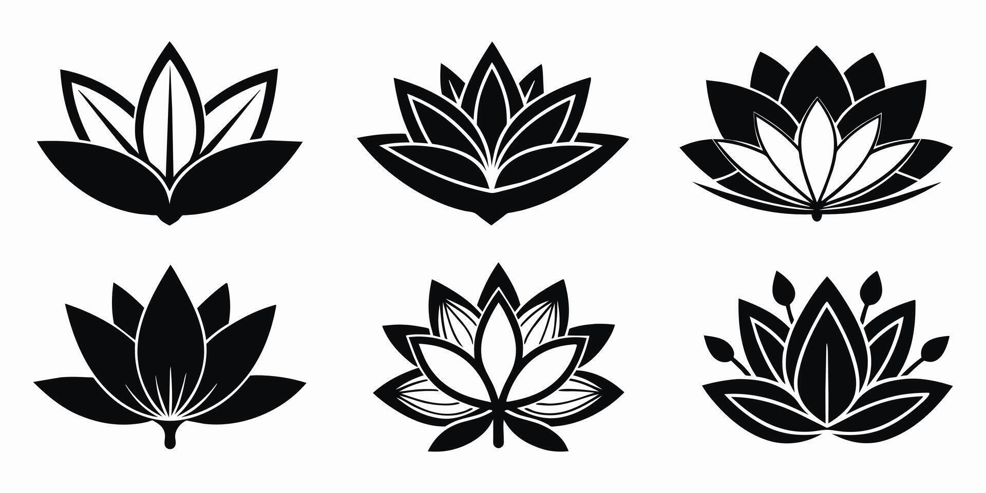 6 Vector black lotus silhouette icons or logo set on white background