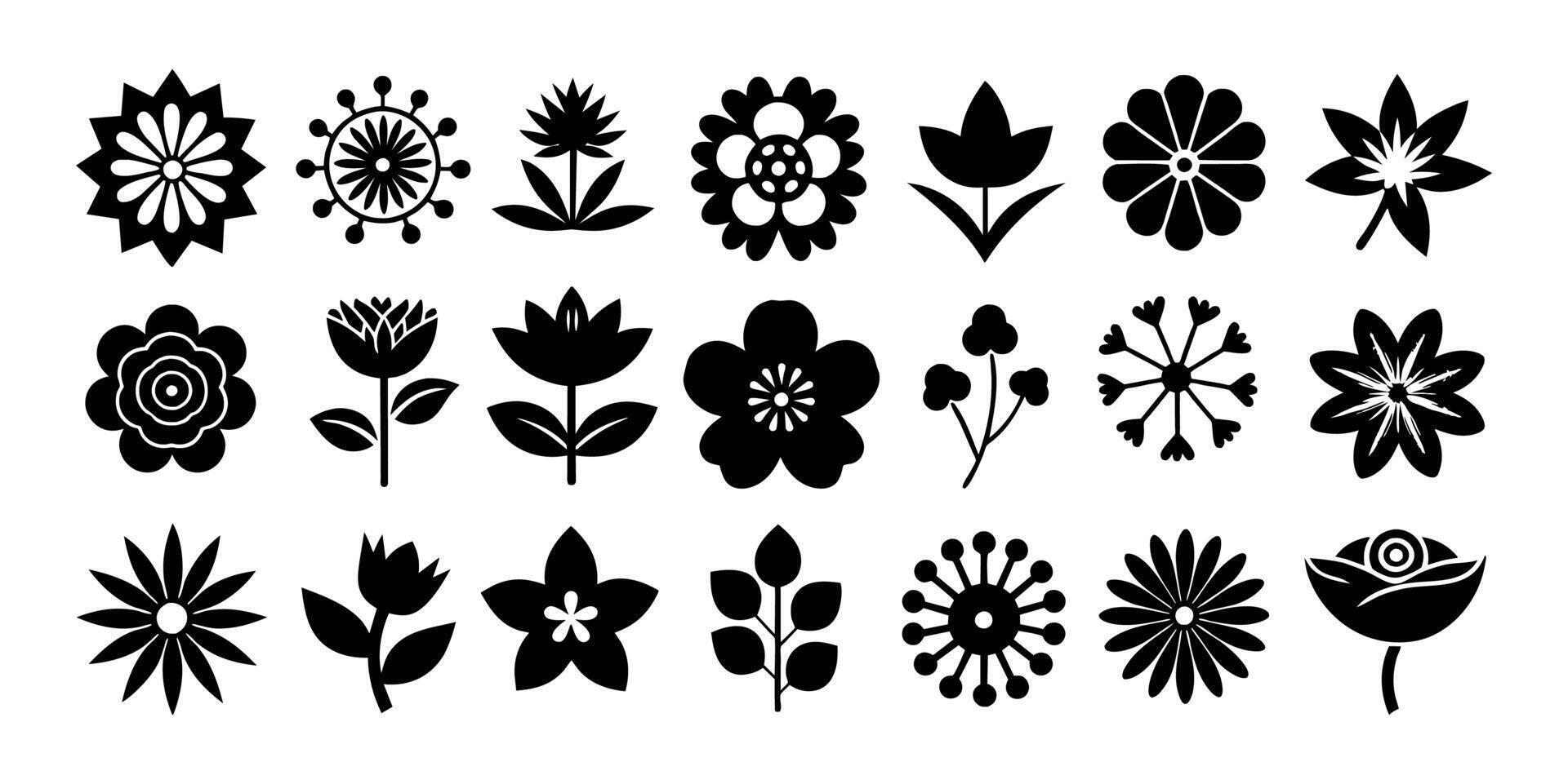 un popular colección de 21 flor silueta iconos resumen floral íconos aislado en un blanco antecedentes vector