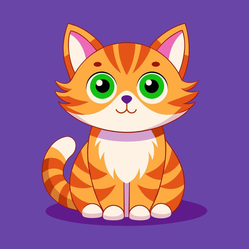 un vector ilustración de un linda a rayas dibujos animados gato con brillante ojos en un púrpura antecedentes