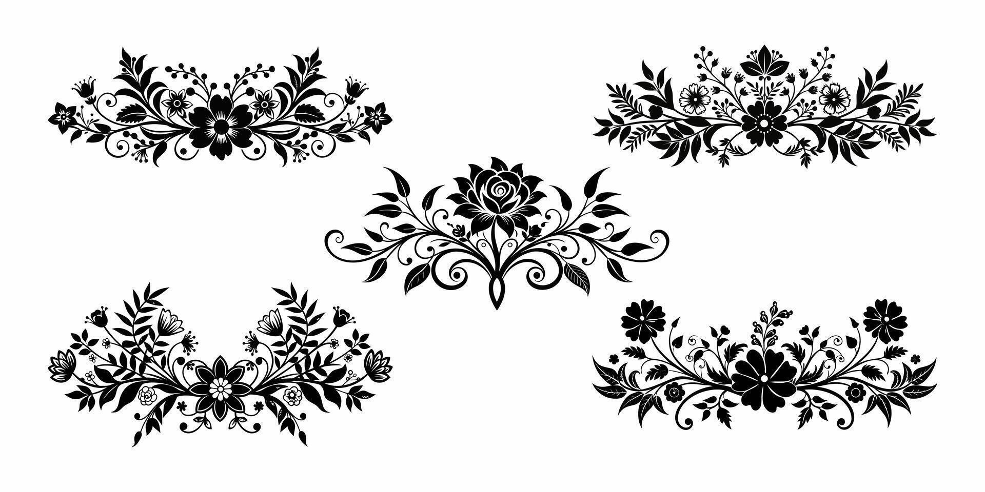 Clásico negro floral divisores para página decoración vector