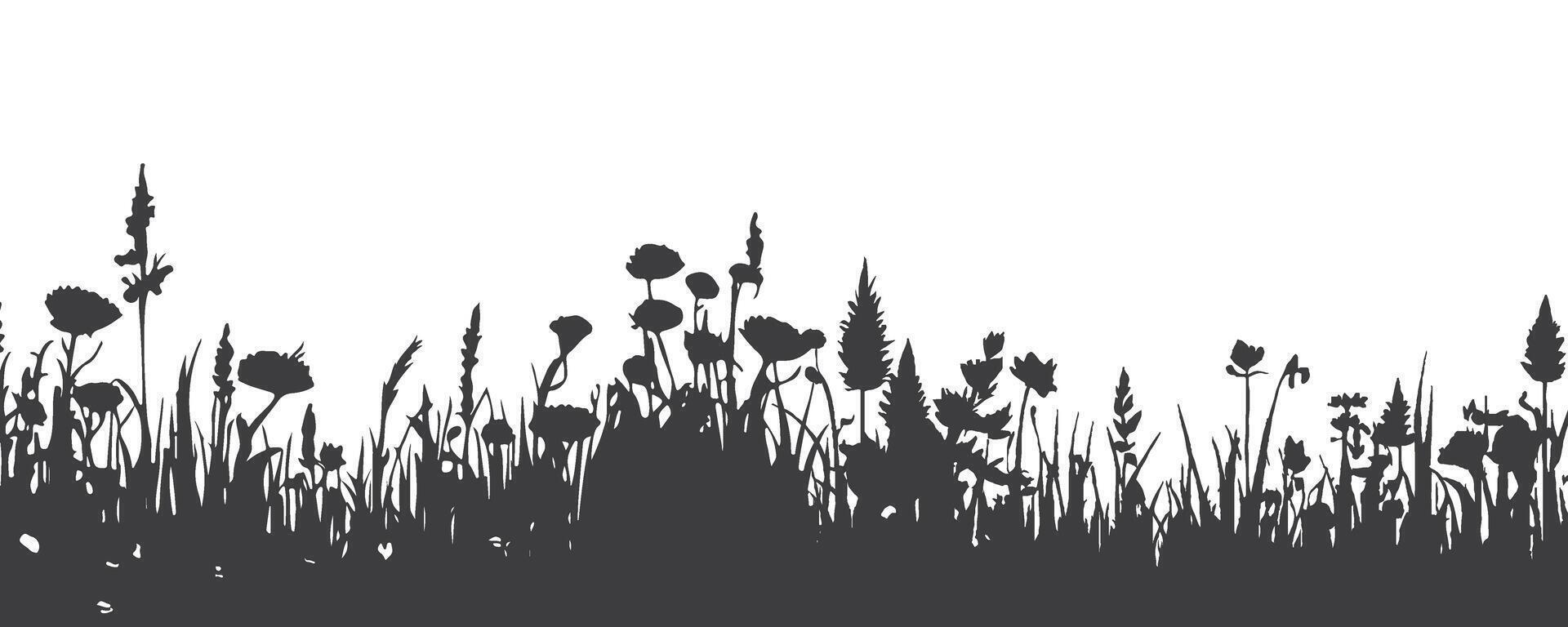 silhouette of weeds and bushes. flat plants and flowers. grass background vector