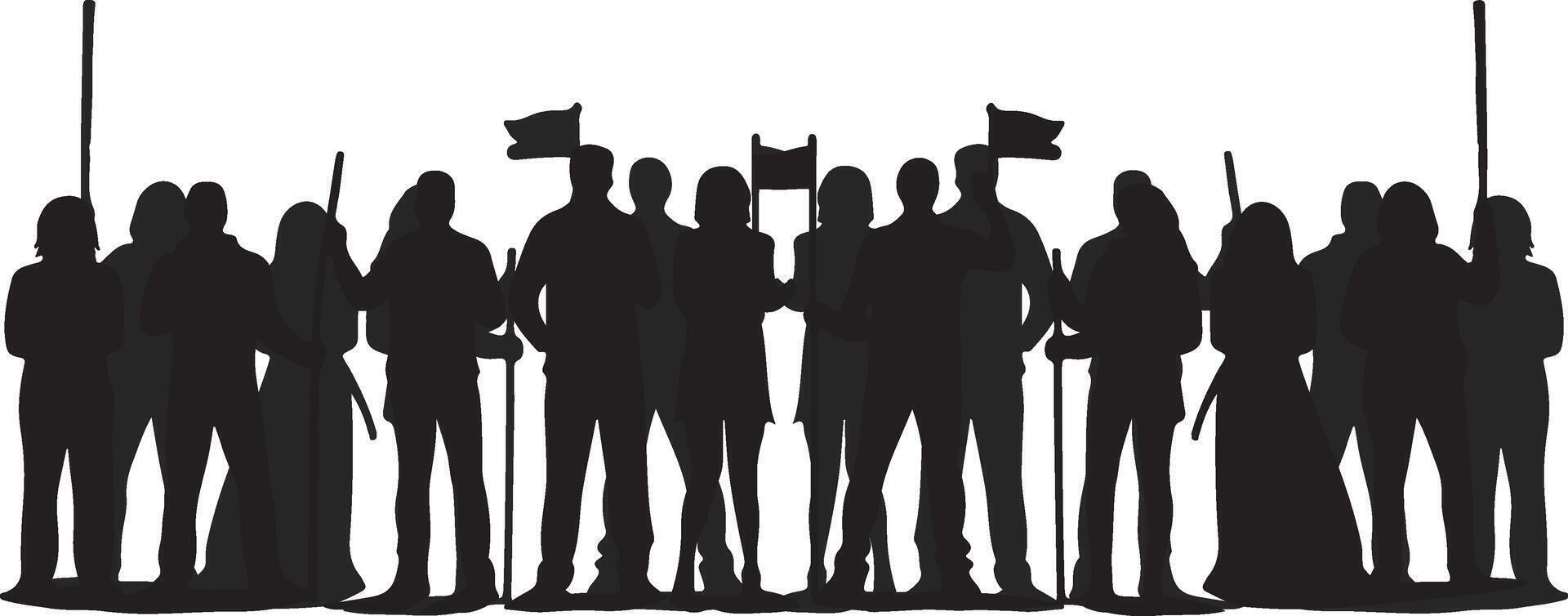 AI generated silhouette of a group of demonstrators carrying objects, wooden blocks, showing an action of defense. reject the decision, help others. on a white background vector