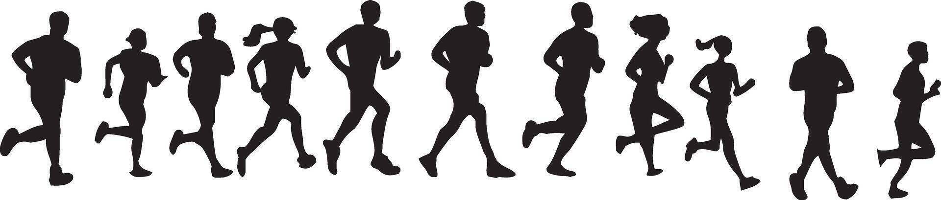 AI generated a collection of silhouettes of athletes running, running, walking, jogging and marathon running vector