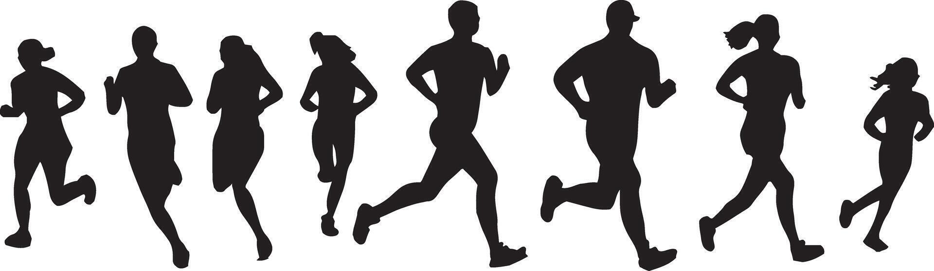 AI generated a collection of silhouettes of athletes running, running, walking, jogging and marathon running vector