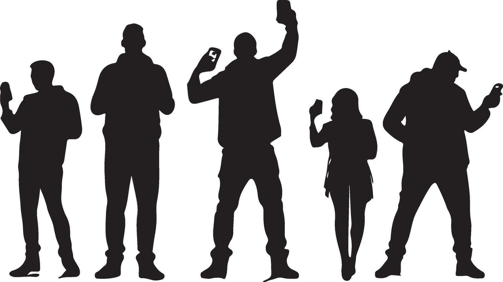 AI generated a collection of human silhouettes holding cellphones, posing, watching a concert, showing off their cellphones and standing vector