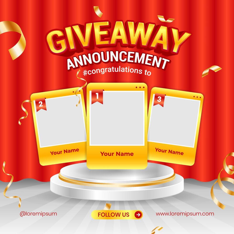 Giveaway winner announcement social media post banner template with 3d element vector