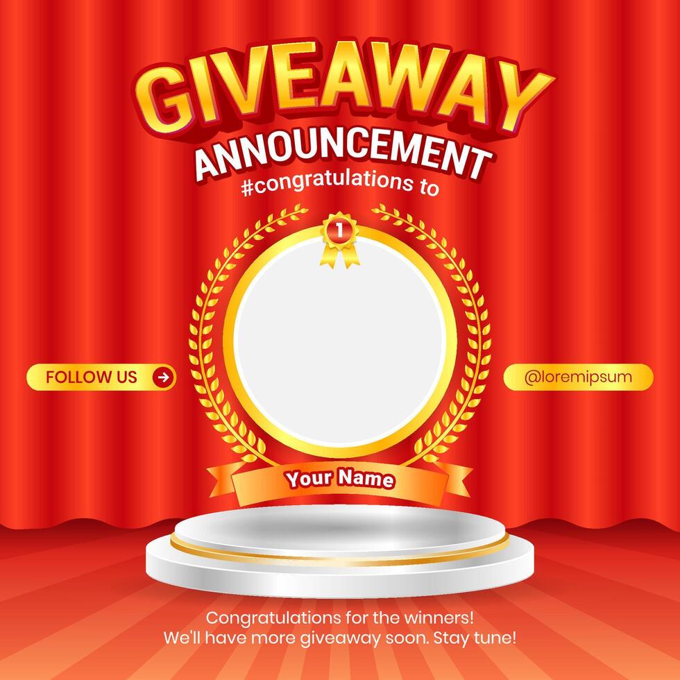 Giveaway winner announcement social media post banner template with 3d element vector