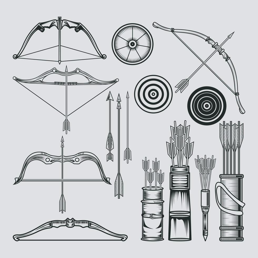 Vector Archery Elements Set, Arrows, Bows, Target Sign, Sports