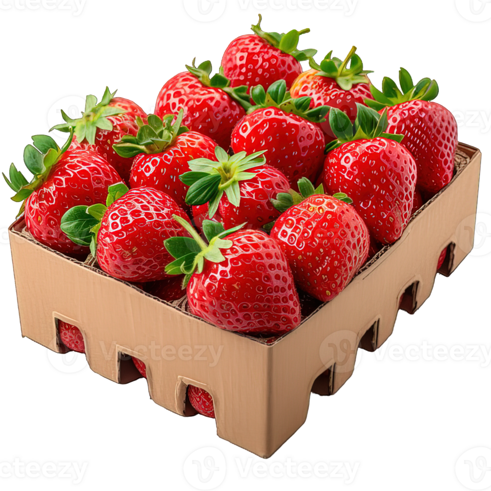 AI generated strawberries in a cardboard box isolated on transparent background ,generative ai png