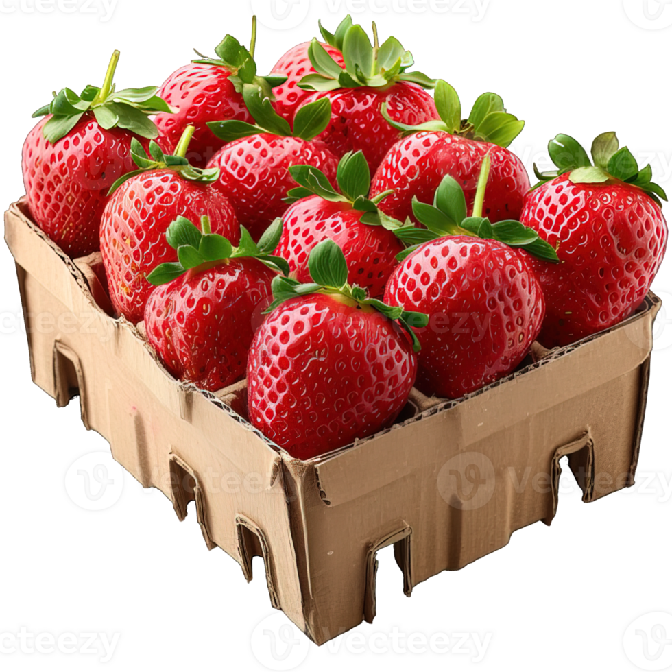 AI generated strawberries in a cardboard box isolated on transparent background ,generative ai png