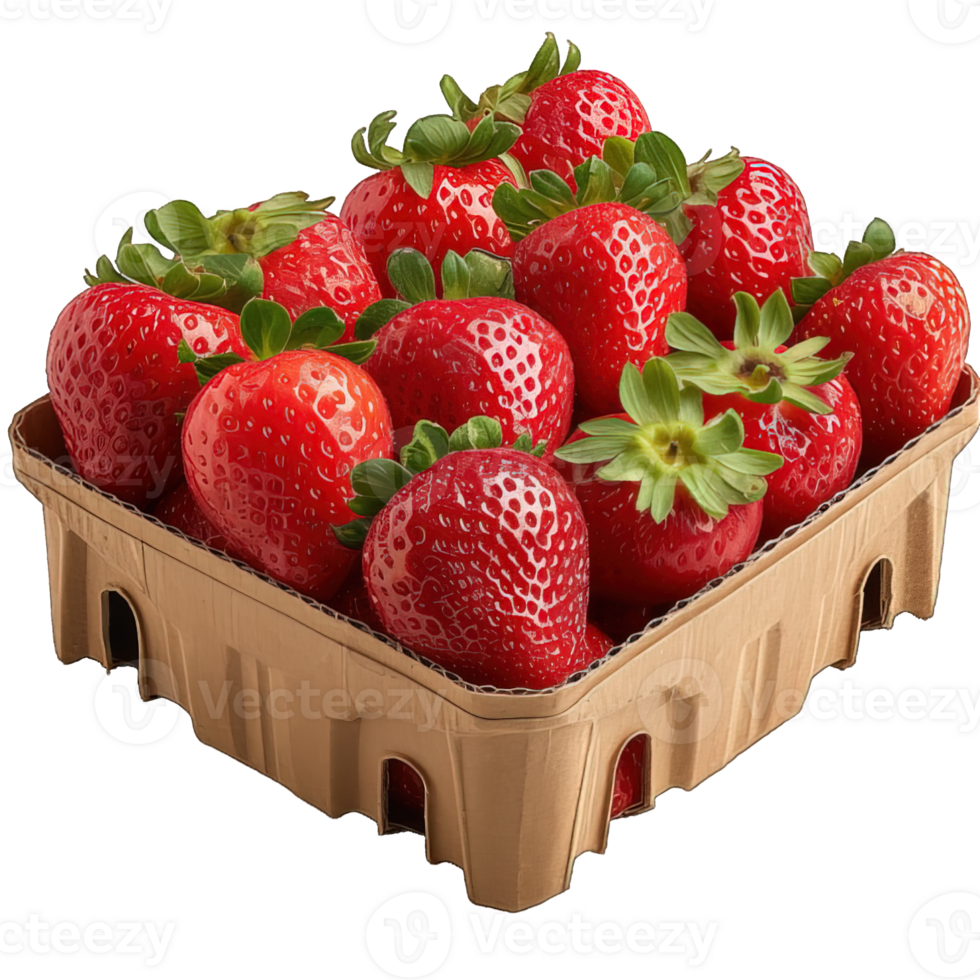AI generated strawberries in a cardboard box isolated on transparent background ,generative ai png
