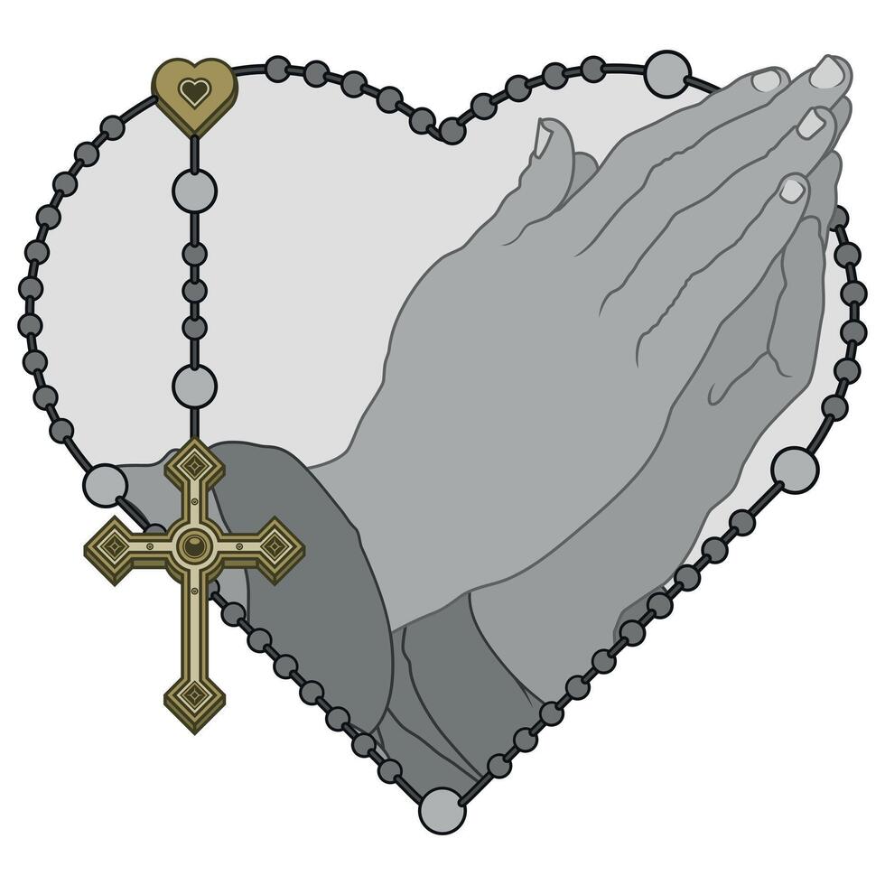 Vector design of Praying Hands with heart shaped rosary, rosary with christian cross, symbol of catholic religion