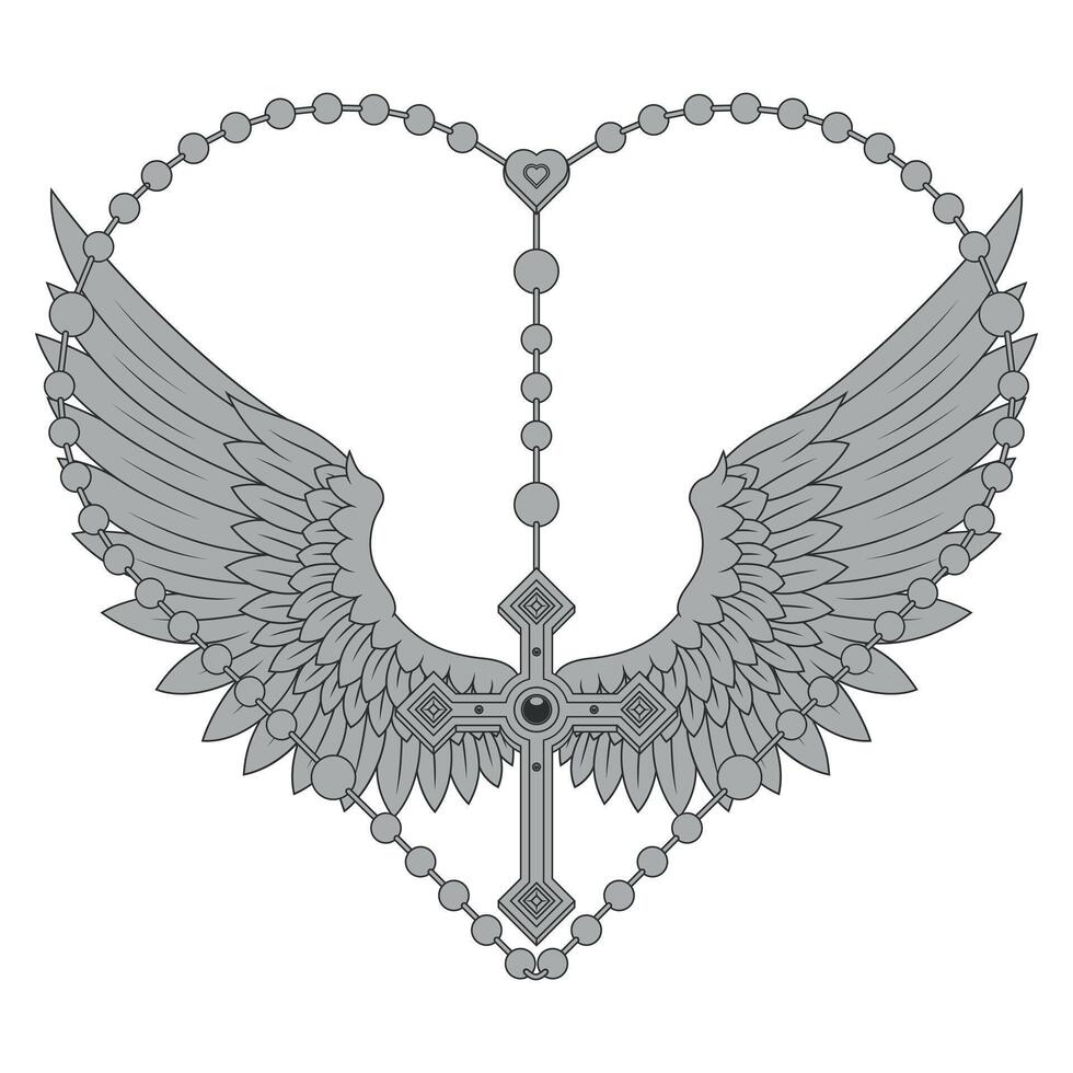 Vector design of Praying Hands with heart shaped rosary, rosary with christian cross, symbol of catholic religion