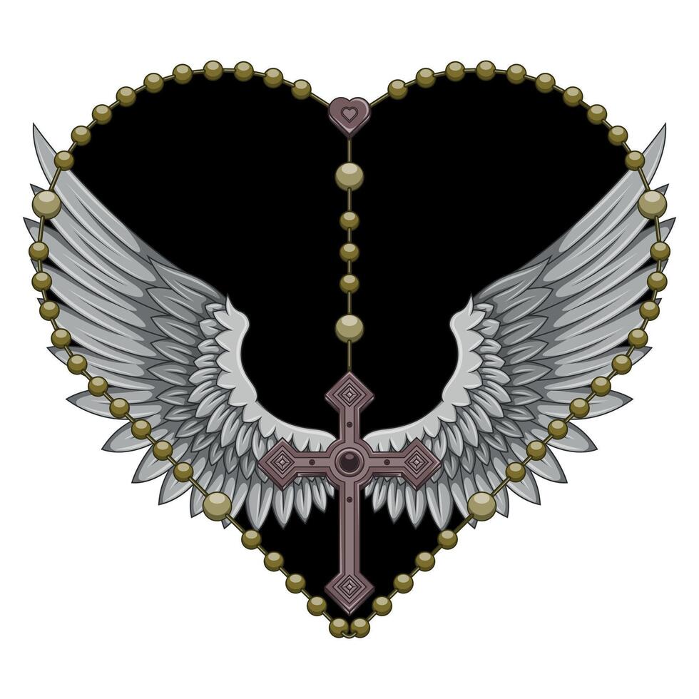Vector design of Praying Hands with heart shaped rosary, rosary with christian cross, symbol of catholic religion