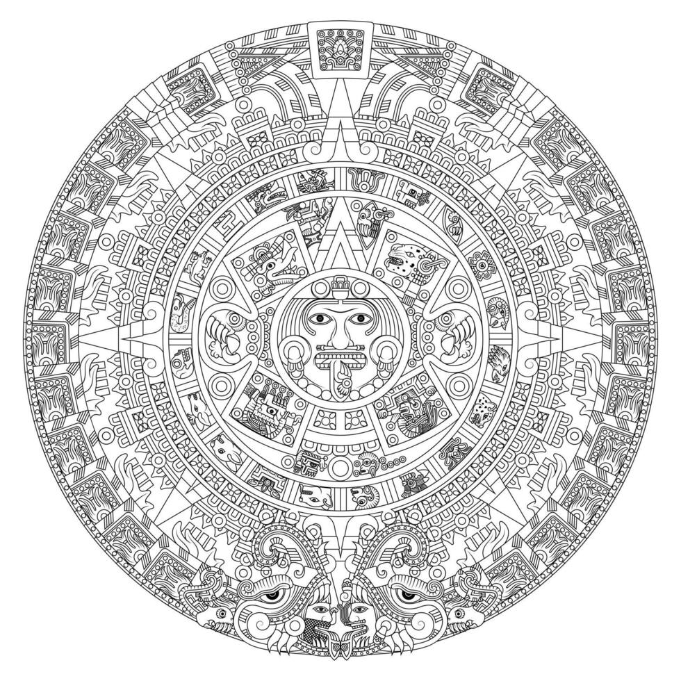 Vector design of Aztec calendar, monolithic disk of the ancient Mexica, sun stone of the Aztec civilization