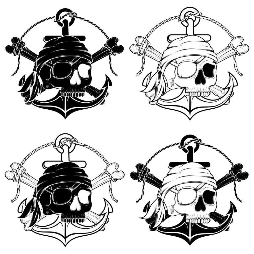 Vector design inspired by pirates, where you can see elements with skulls, bones, anchors, parcje in the hole