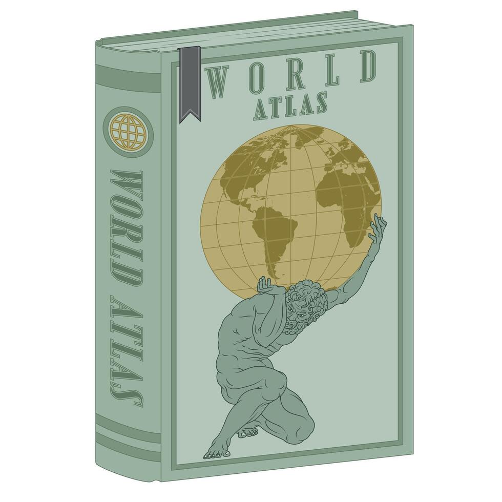 Vector design Atlas book of world maps, Greek mythology titan holding the earth sphere