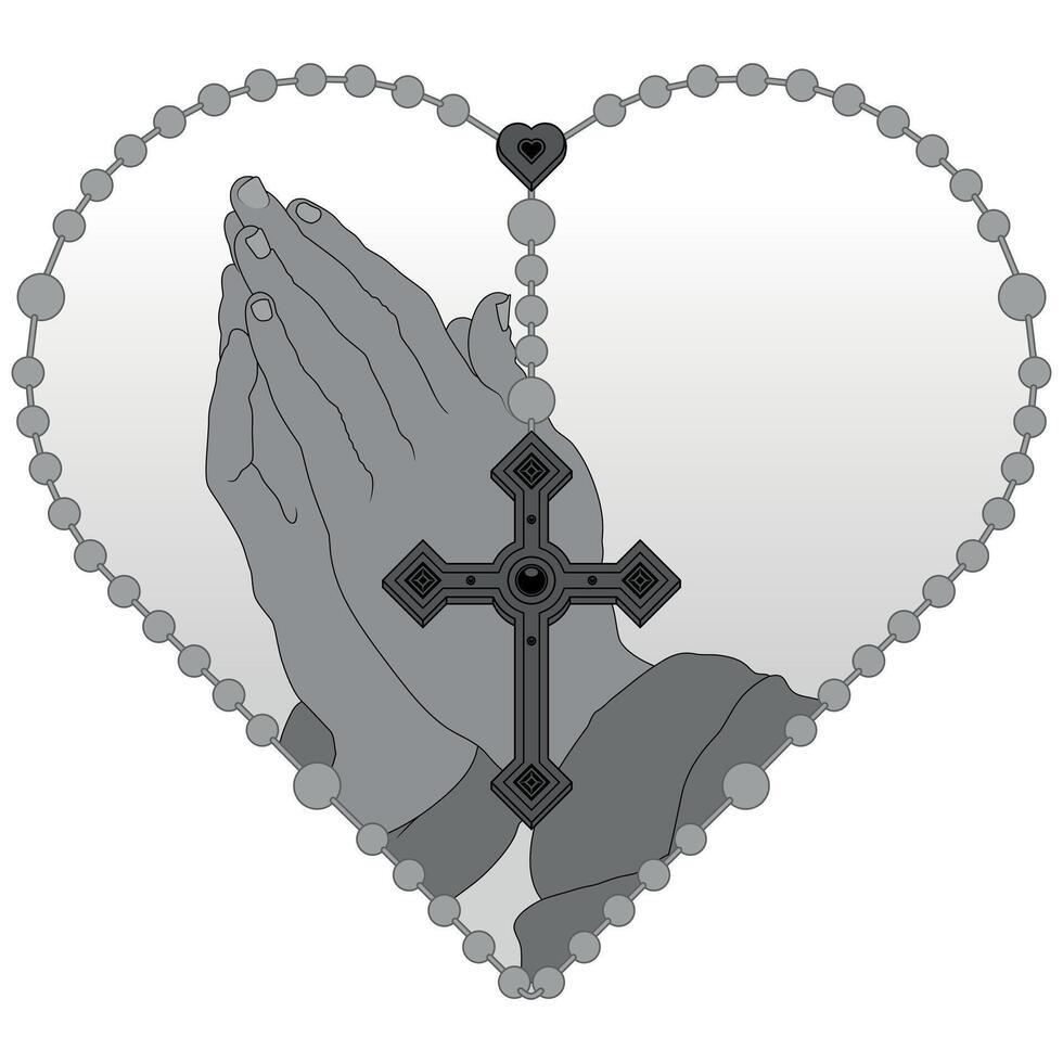 Vector design of Praying Hands with heart shaped rosary, rosary with christian cross, symbol of catholic religion