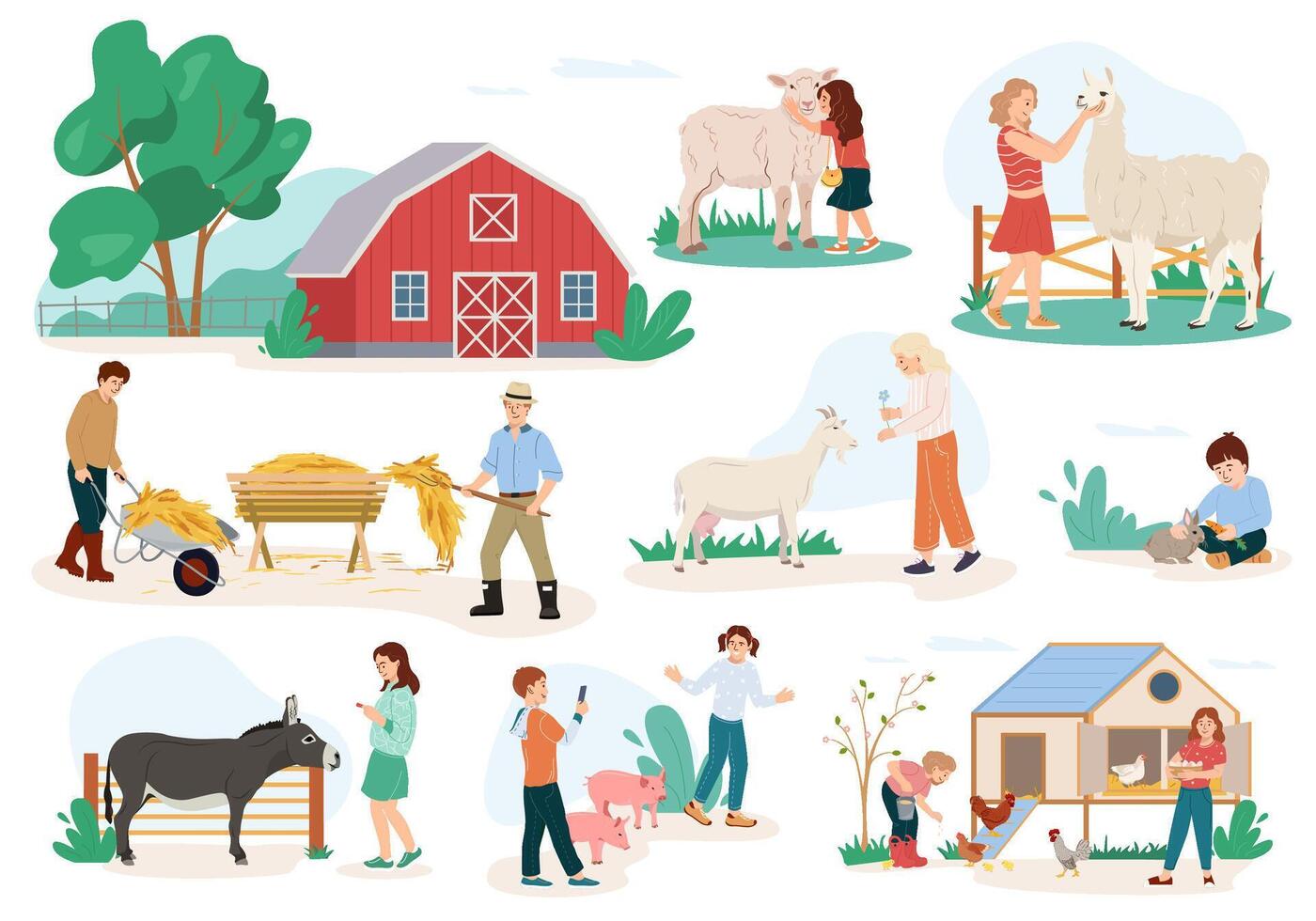 colección ilustraciones de niños visitar contacto zoo. muchachas y Niños alimentación Doméstico animales en el granja. pequeño niños caricias llama, conejos, cerdito y alimentar el aves de corral. plano vector ilustración