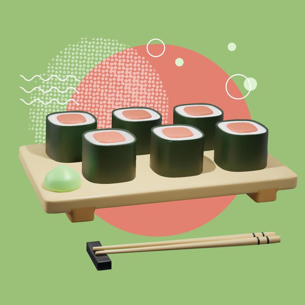 Realistic fresh sushi design concept. Set of sushi on cutting board 3d editable vector illustration. Asian food social media post background. Template design.