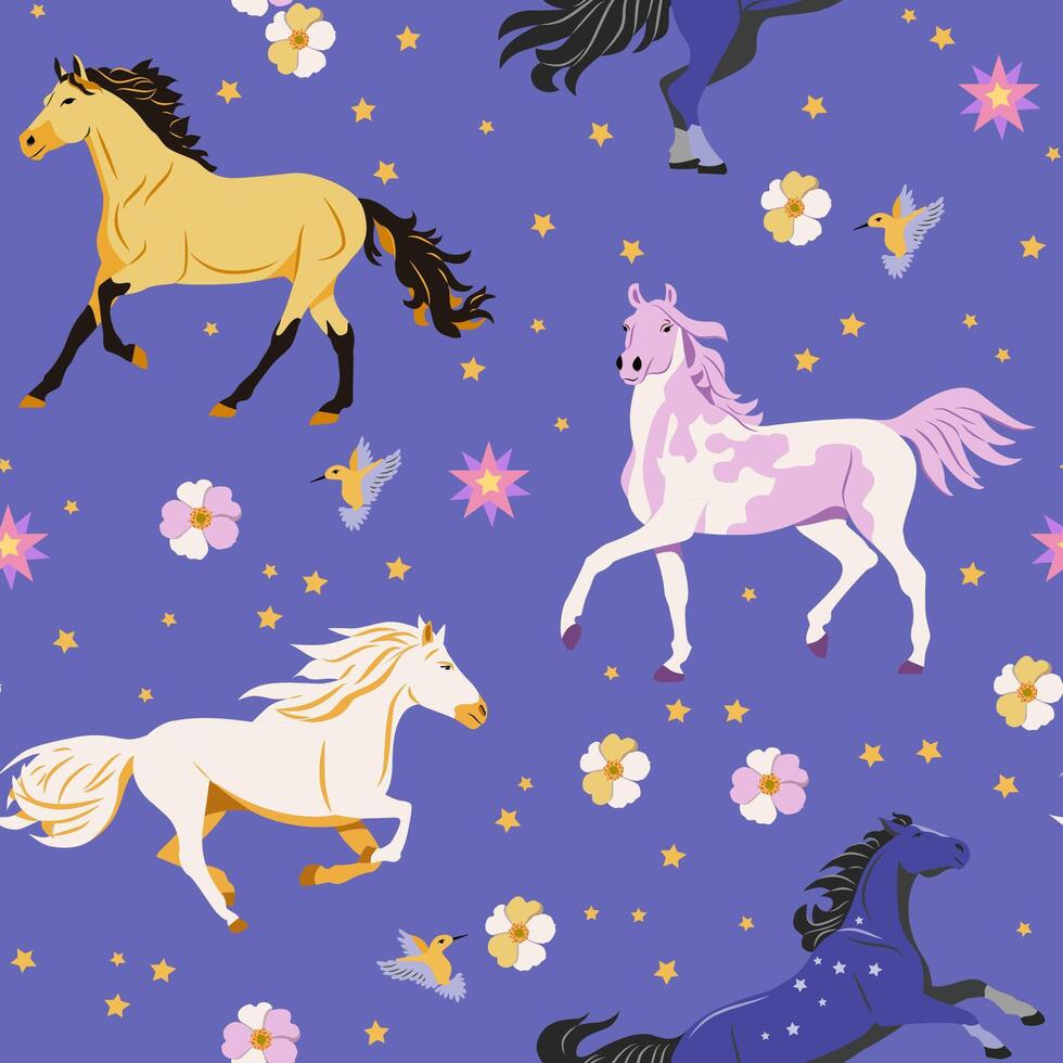 Seamless pattern with fantasy colors horse, flowers, stars and birds. Vector pattern, texture, purple background. Packaging design