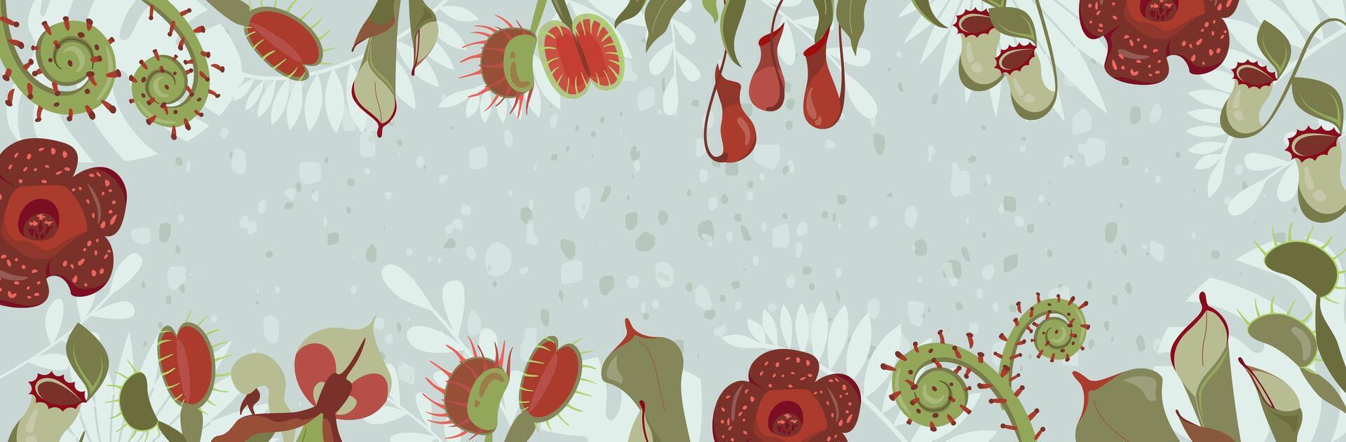 Social media post background. Beautifull banner with exotic carnivorous plants. Frame with unusual rare wild flowers Rafflesia, Nepenthes, Venus flytrap. Template design. Editable vector illustration