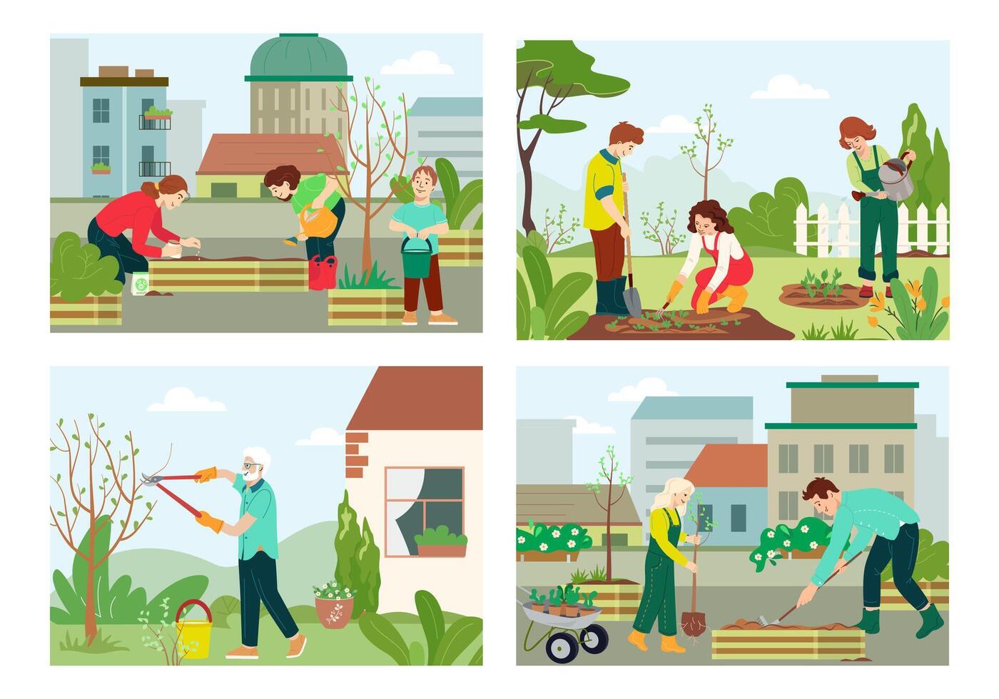 People planting trees and plants on the rooftop and in the garden. Countryside vector scenes set. People carrying trees, digging, watering. Adults and kids work together outdoors. Eco cityscape view