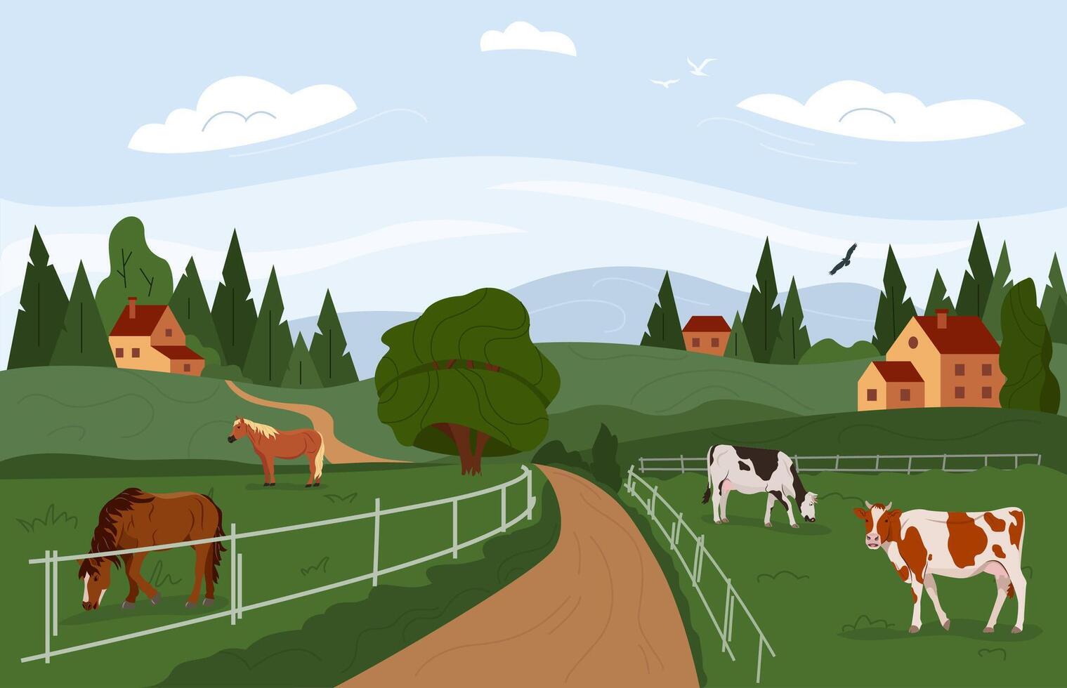Rural summer landscape. Countryside with hills and village, cows and horses. Farm fieldwith animals. Vector illustration.