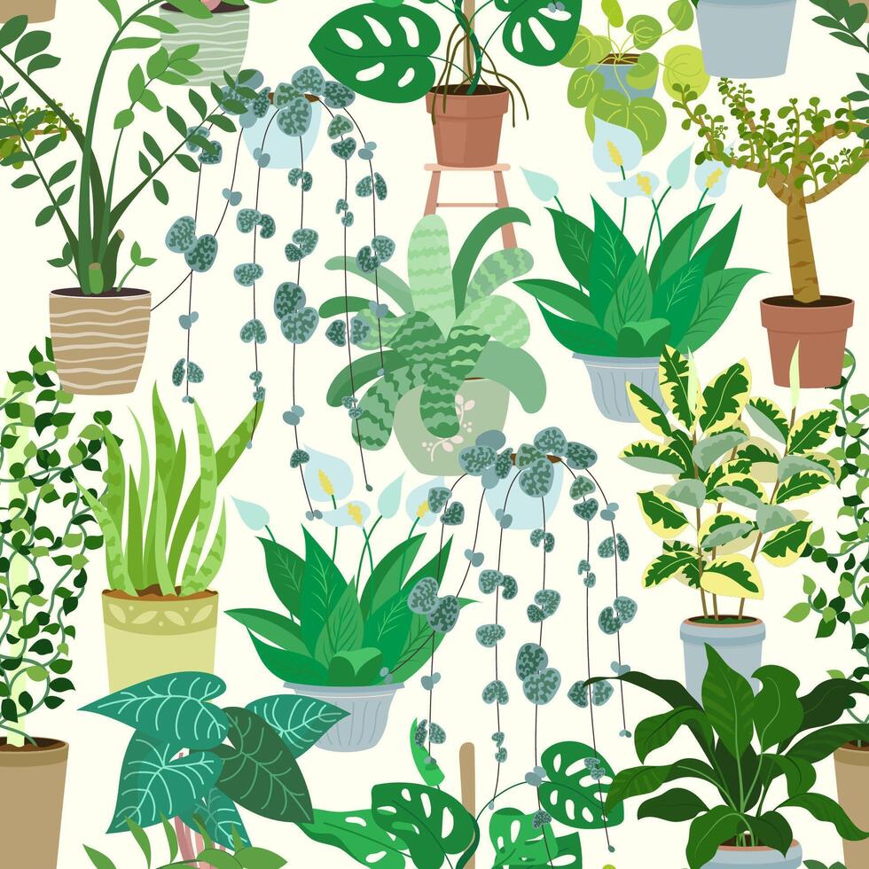 decorativo hogar plantas en ollas sin costura modelo. textura de verde en conserva interior plantas de interior en interior. hogar selva dibujos animados estilo impresión. de moda vector antecedentes. boho hogar plantas diseño ilustración