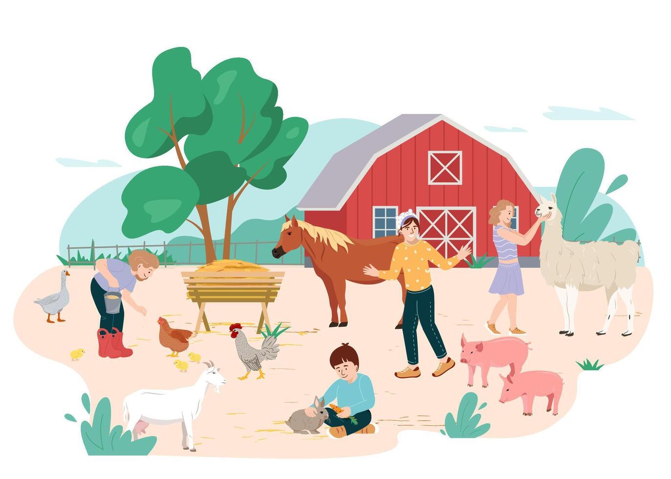 Children visit contact zoo. Girls and boys feeding domestic animals in the farm. Little kids petting llama, rabbits, piglet and feed the poultry. Vector illustration in flat style