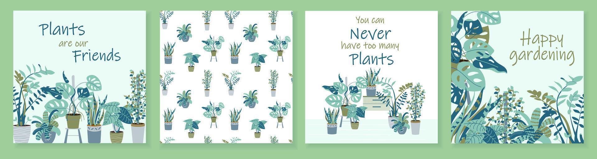 Beautiful set of cards with cute home plants in flowerpots. Set of different indoor houseplants in pots modern illustrations. Universal vector template design for banner, invitation, social media post