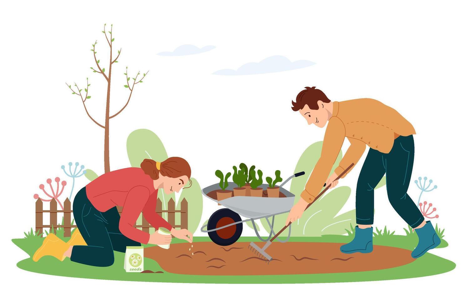 Boy and girl work in the garden Cute young woman sowing seeds of flowers on backyard in the spring Man raking the beds isolated on white Agricultural activity Vector illustration in flat style
