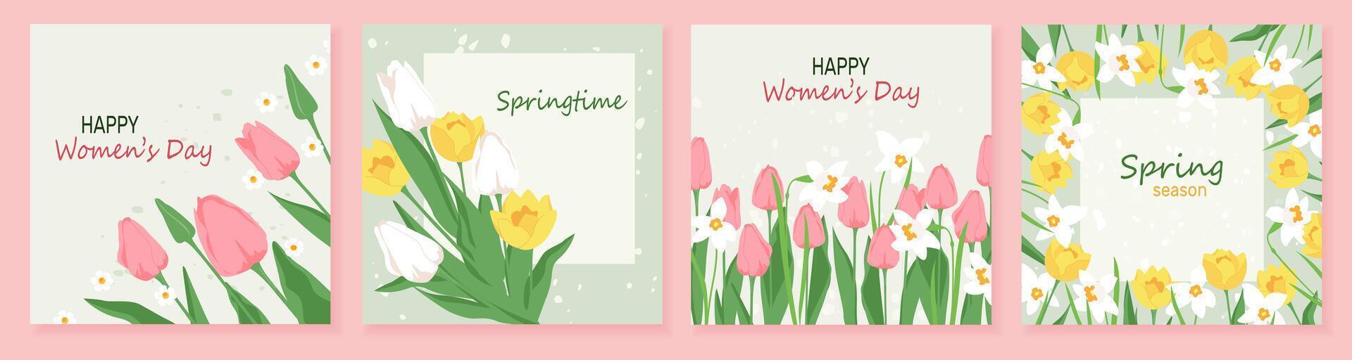 hermosa conjunto de tarjetas con temprano primavera jardín flores marco con floreciente tulipanes y narcisos vector modelo diseño para bandera, invitación, social medios de comunicación correo. primavera hora floral diseño elementos