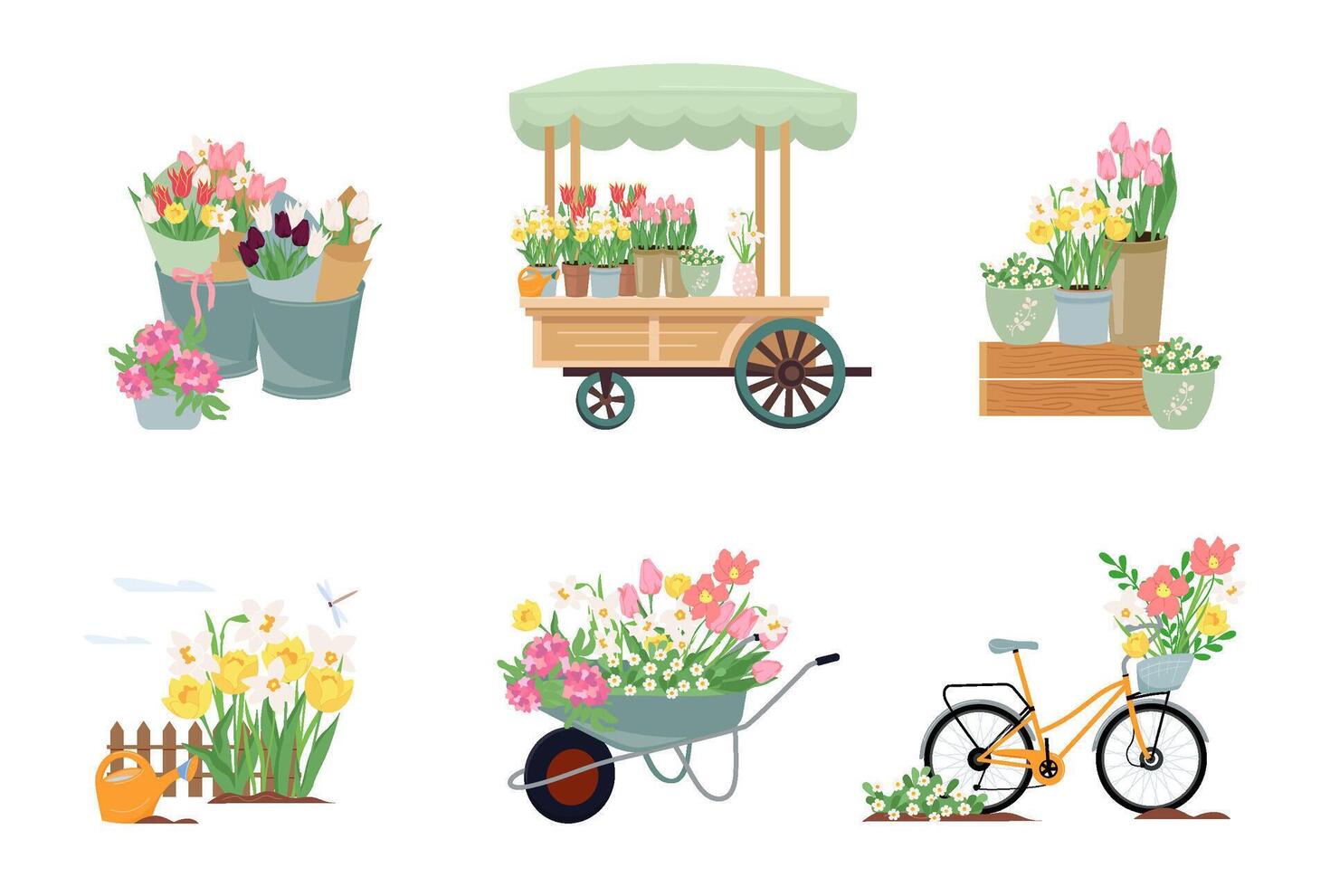 Spring flowers compositions set isolated on white. Flower cart, garden wheelbarrow, cyclist with bouquets. Vector illustrations are suitable for greeting cards, stickers, clothing prints and covers.