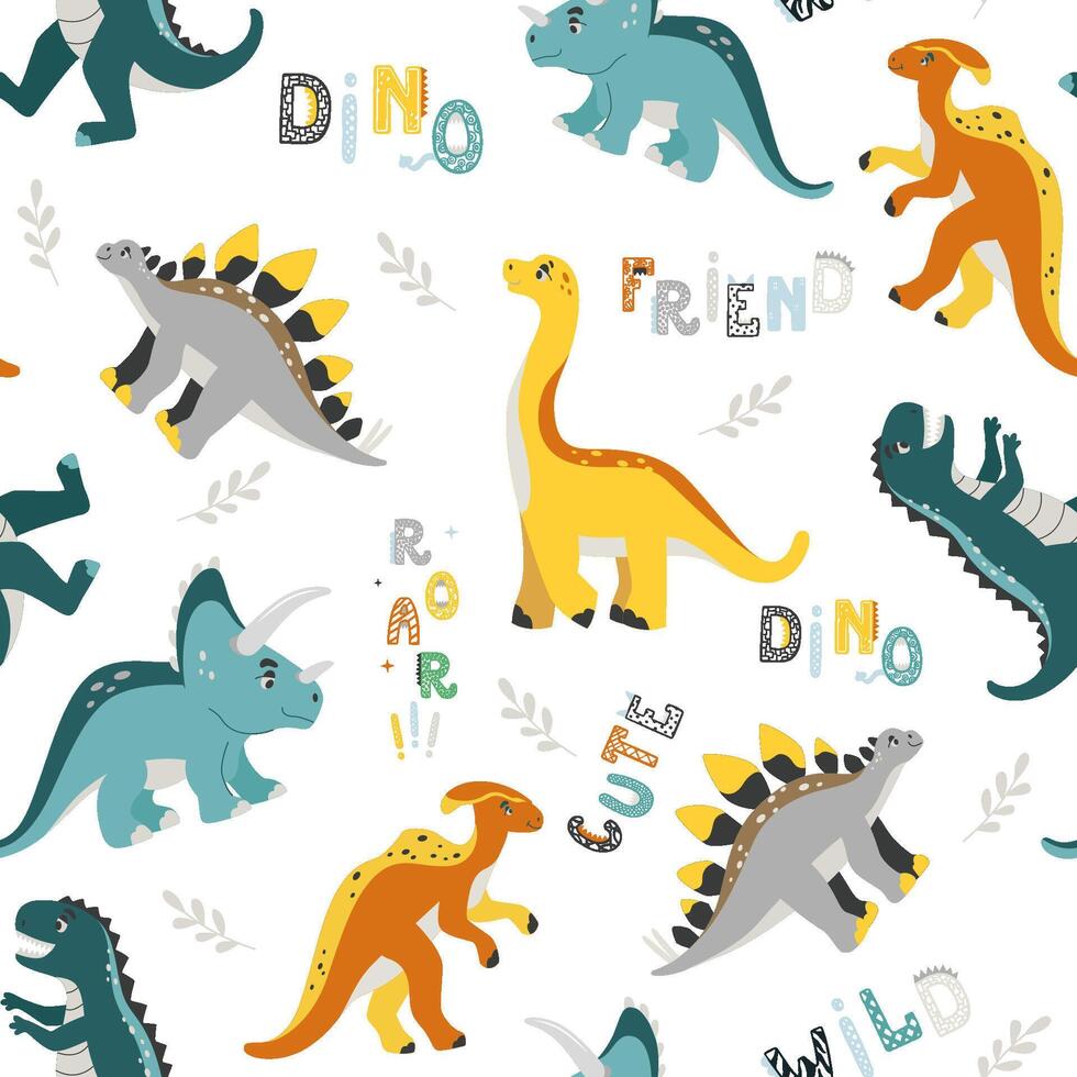 vector de colores sin costura repitiendo niños modelo con linda dinosaurios, plantas y cómic dino citas en escandinavo estilo en un blanco antecedentes. bebé modelo con dinosaurios