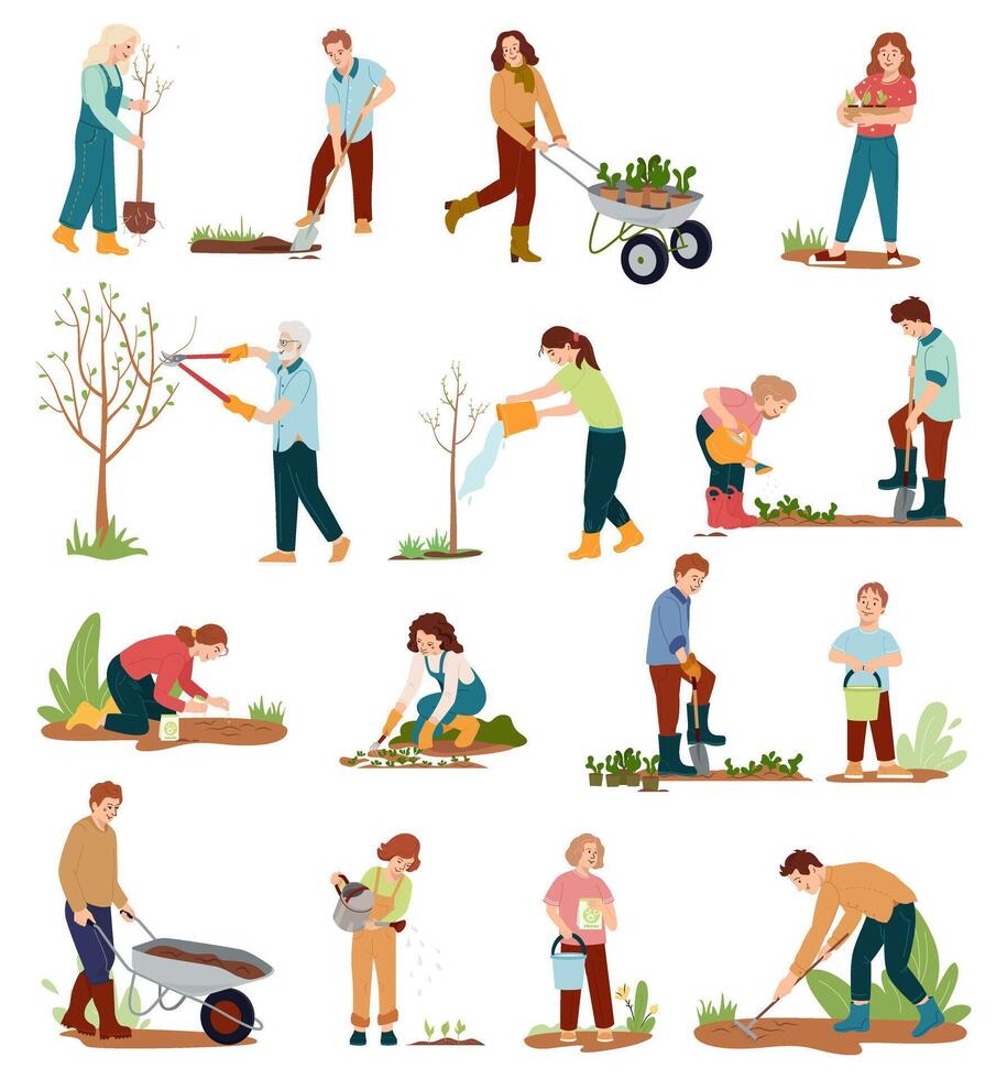 Set vector flat characters of men, women, kids performing gardening works with trees bushes Doing hobby garden work watering, planting, cutting, hoeing, arranging Spring gardening concept with tools