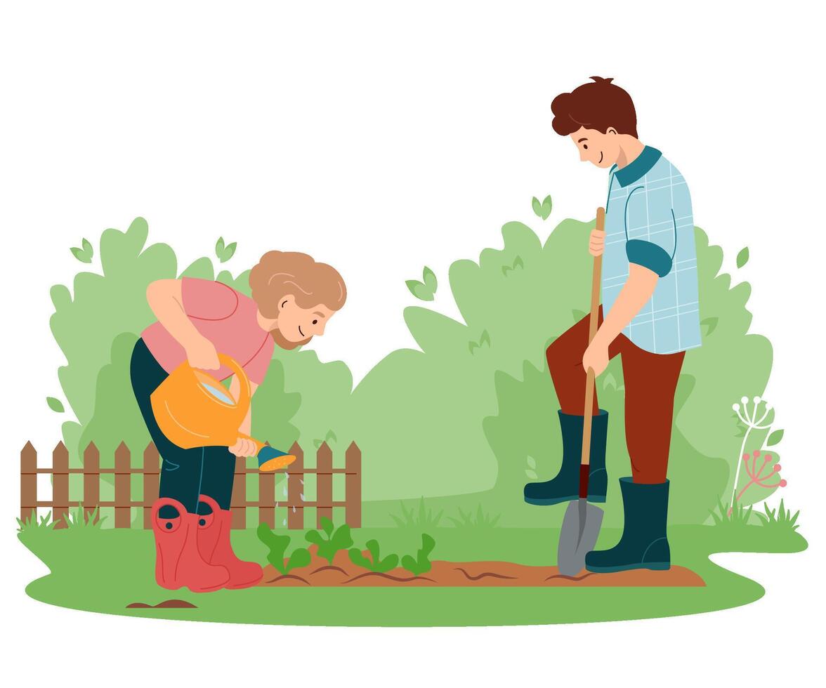 Children work together in rubber boots watering planting in spring Kids working in garden helping adults Vector illustration for environment protection nature care volunteering education concepts