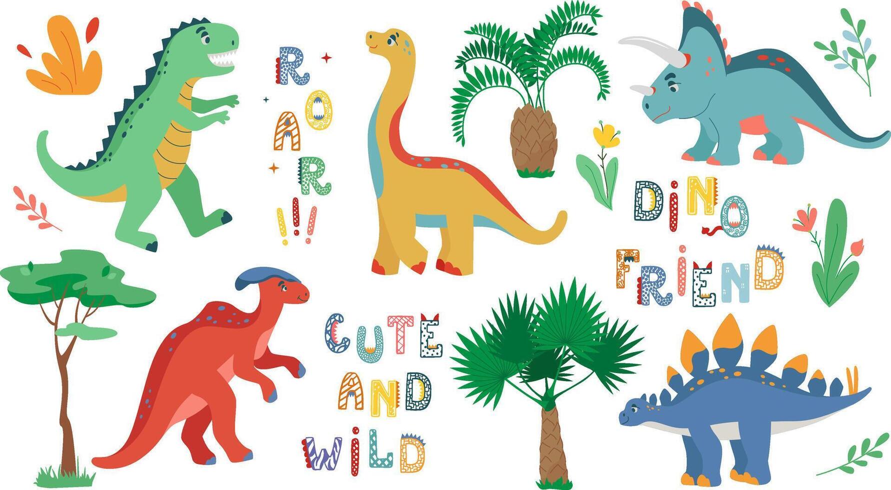 linda plano vector dinosaurio colocar, letras, plantas, flores, leña menuda, alfabeto estilizado como dinosaurios gracioso dibujos animados para niños prehistórico lagartija ilustración para niños habitación decoración, imprimir, textiles