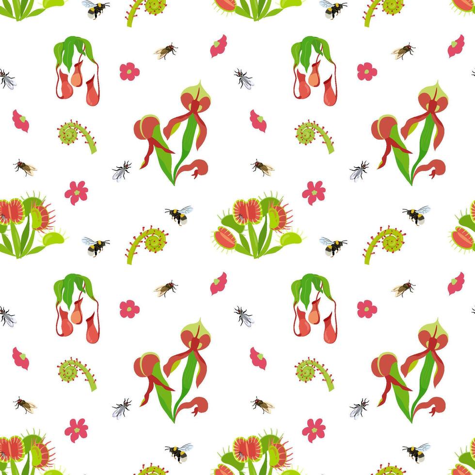Beautifull tropical seamless pattern with carnivorous plants and insects. Summer print with unusual exotic Rafflesia, Nepenthes, Venus flytrap. Vector floral design with rare wild flowers and fly