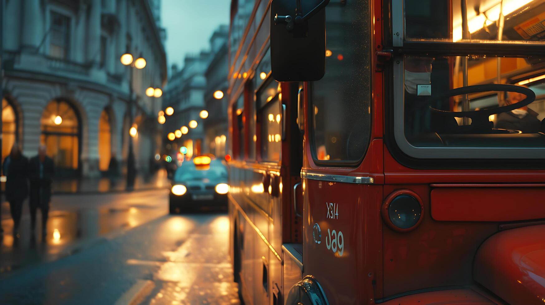 AI generated Classic Red Double Decker Bus Drives Through Bustling London Streets in CloseUp photo