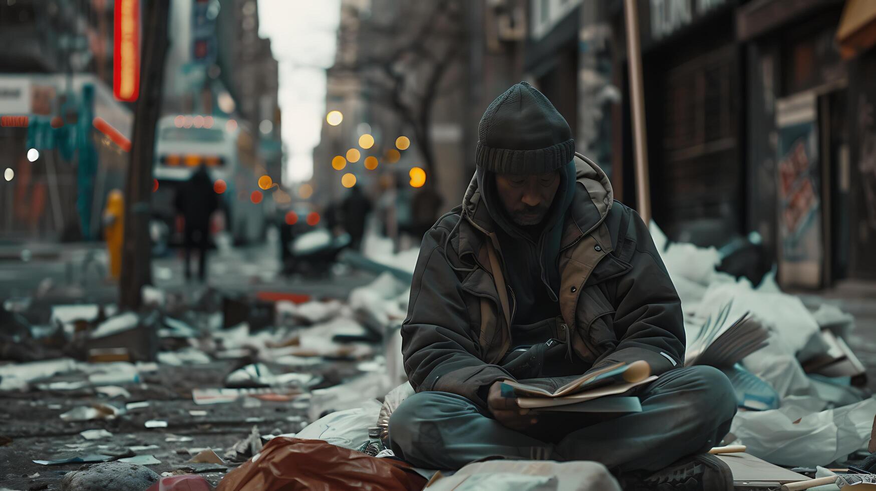 AI generated Homeless Person Huddled on City Street Corner Surrounded by Trash Leaning Against Building in Urban Backdrop photo