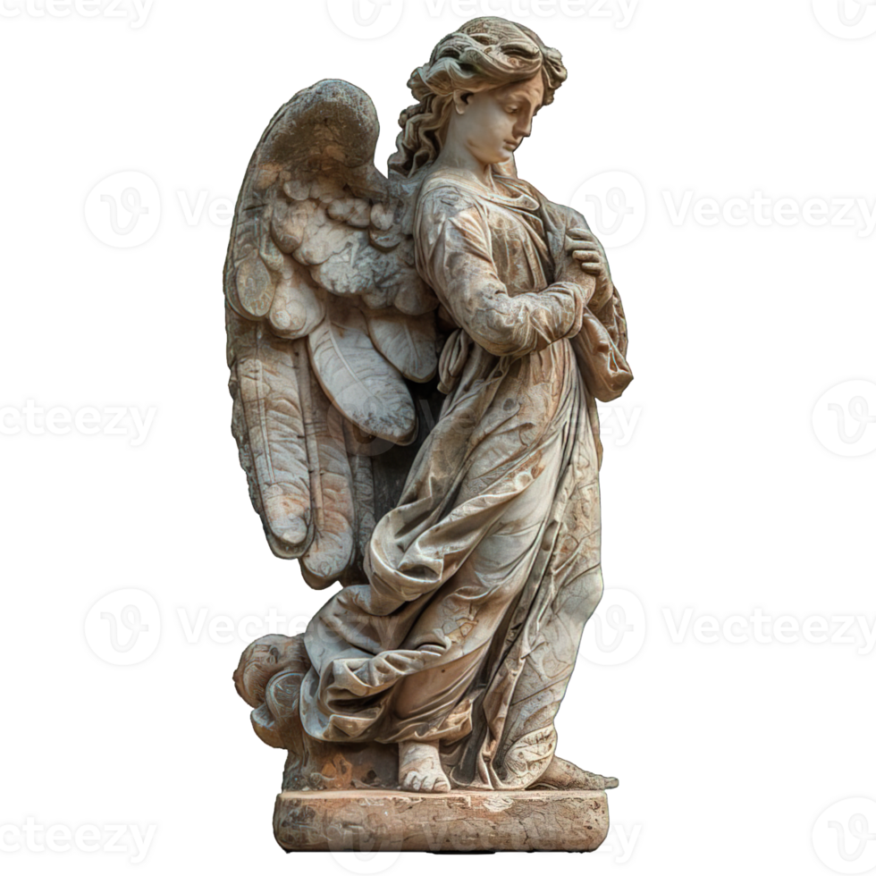 AI generated stone statue of a winged female angel isolated on transparent background ,generative ai png