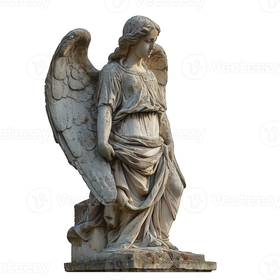 AI generated stone statue of a winged female angel isolated on transparent background ,generative ai png